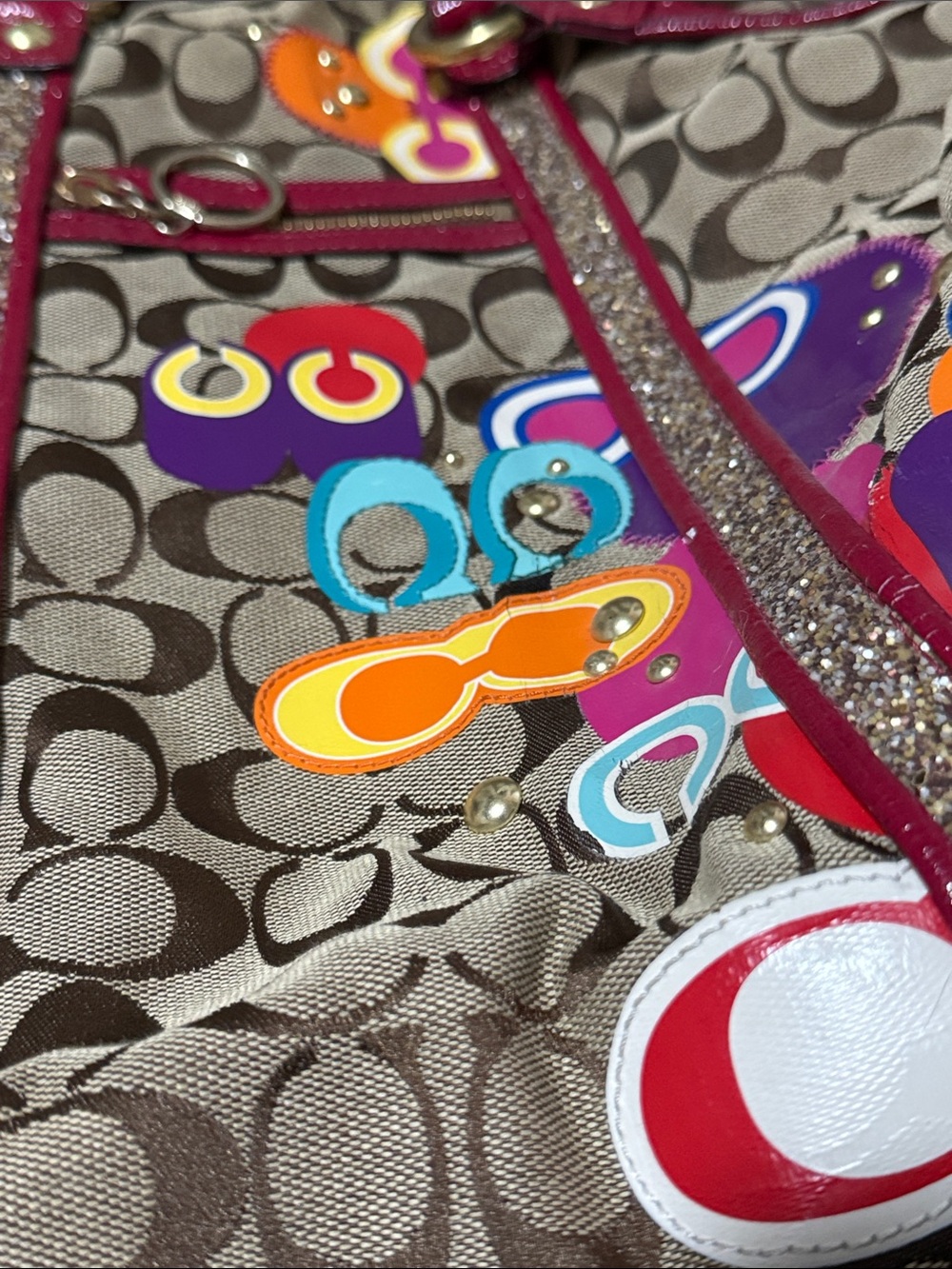 Coach Beige Signature Tote with Pink Trim and Multicolor Accents - Picture 3 of 8